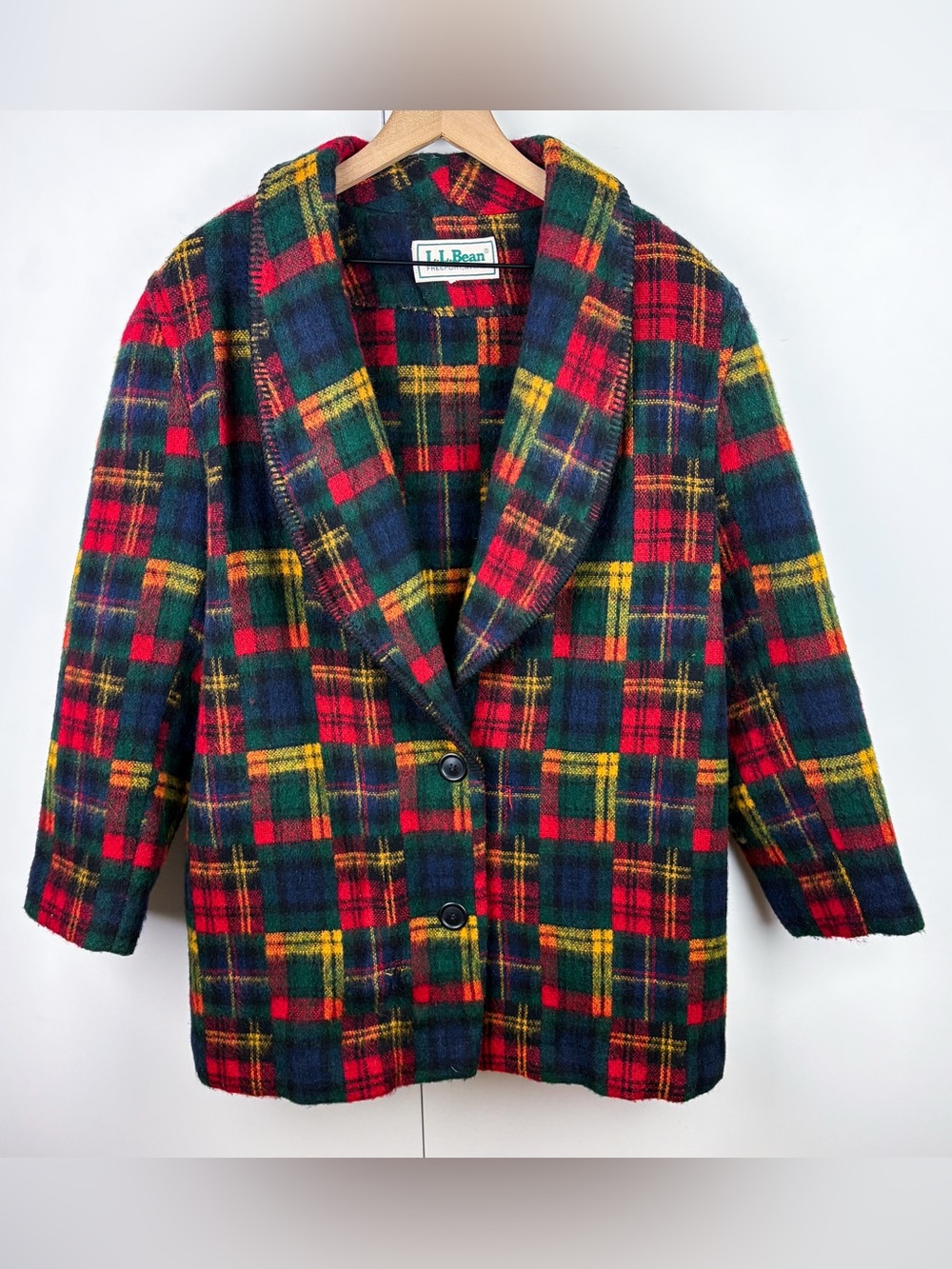 L.L. Bean Vintage Wool Tartan Madras Plaid Coat Oversized Shawl Collar Large - Picture 2 of 6